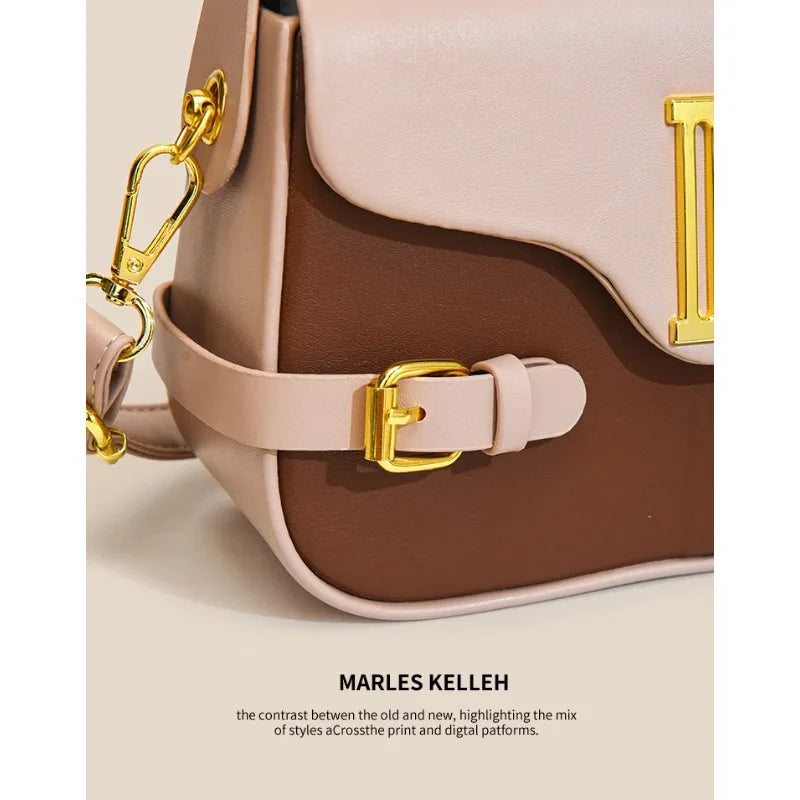 Luxury women's crossbody bag with color-blocking and stitching, box-style multi-color textured light luxury commuter bag.