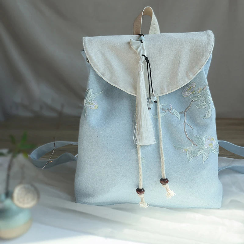 Women's Canvas Embroidered Flower Tassel Backpack Chinese Style Hanfu Casual Pendant Multi Pocket Large Capacity Girls Handbag