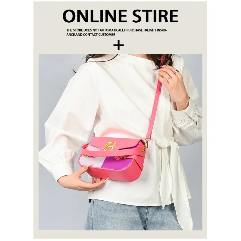 Luxury women's crossbody bag with color-blocking and stitching, box-style multi-color textured light luxury commuter bag.