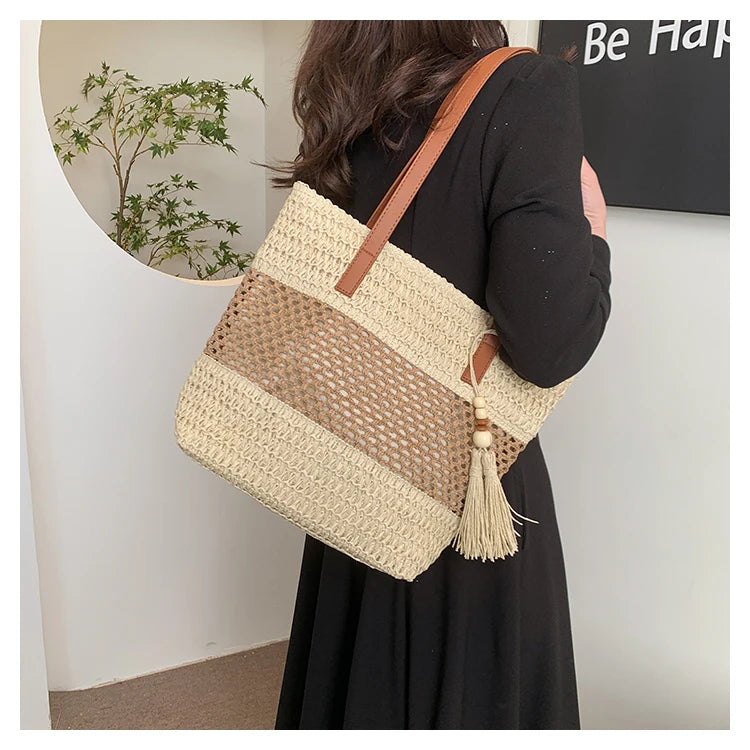 Color-blocked Linen Knitting Fashion Shoulder Bag Hollow Large Capacity Zipper Casual Tote Hot Sale Bags for Women Bolsa Mujer