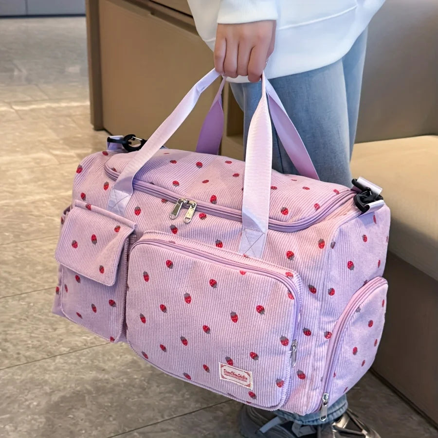 Large Capacity Strawberry Print Duffel Bag with Multiple Compartments - Ideal for Travel, Gym, and Everyday Use, Casual Style