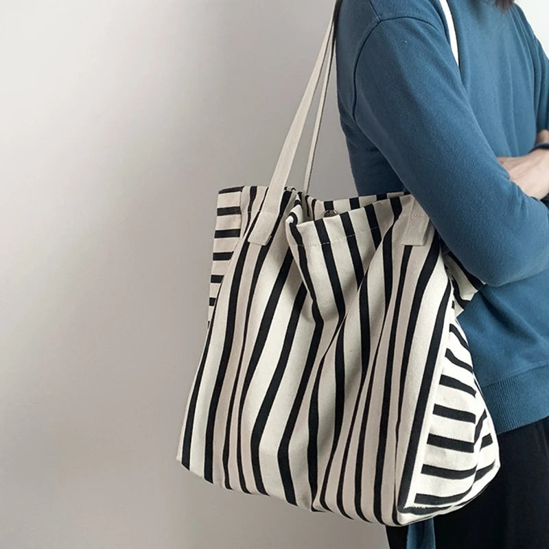 New Beach Tote Bag Fashion Women Canvas Summer Large Capacity Striped Shoulder Bag Tote Handbag Shopping Shoulder Bags ﻿