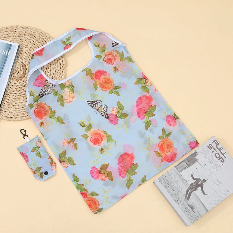 Fashion Pocket Tote Women Bag Eco-Friendly Folding Shopping Bag Reusable Portable Shoulder Handbag for Travel Supermarket