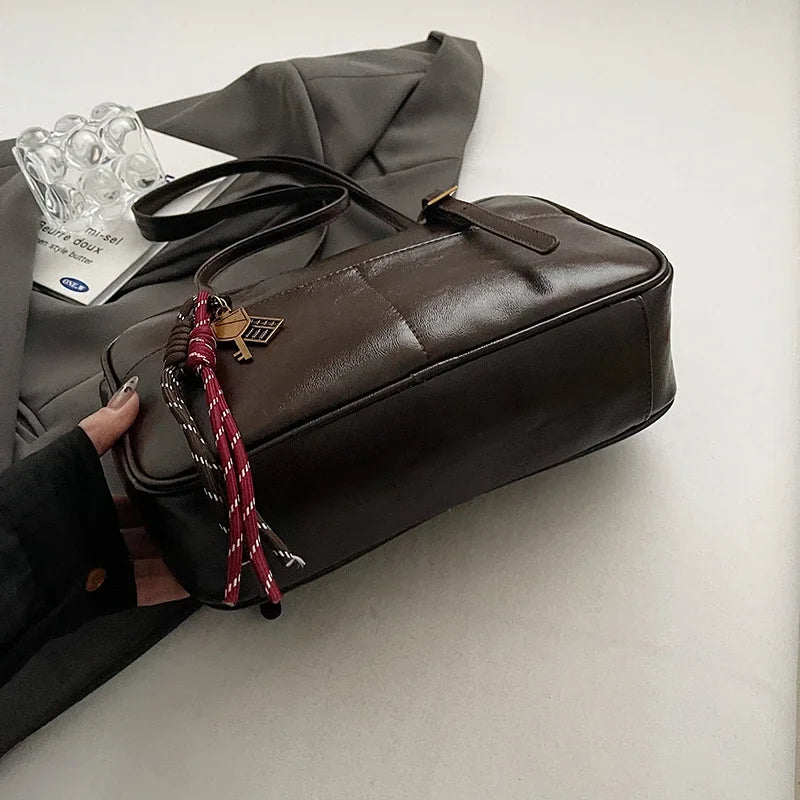 Luxury Black PU Leather Crossbody Bag for Women - Golden Buckle Strap & Red/Black Plaid Tassel, Y2K Underarm Bags Work Bag