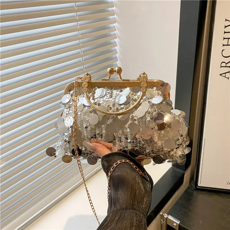 Elegant Sequined Evening Shoulder Bags for Women Solid Color Ladies Clip Chain Crossbody Bag Casual Female Shell Handbags Purse