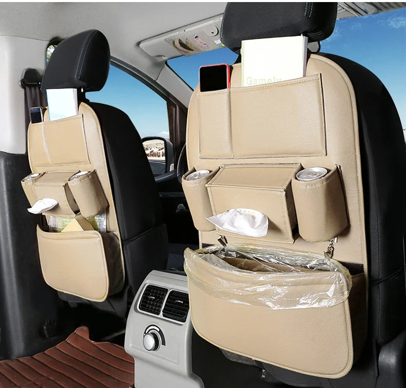 Leather Car Backseat Organizer Rear Row Children's Seat Back Hanging Storage Bag Shelf Garbage Can Trash Tissue Bottle Organiser
