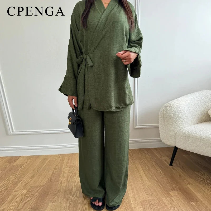 2 Piece Dubai Muslim Women Clothing Elegant Middle East Modest Top and Pants Sets 2024 Islamic Turkish Clothes Solid Outfits