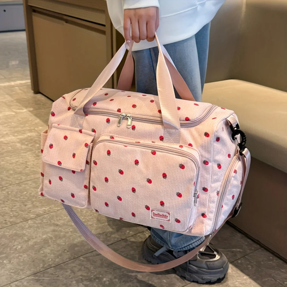 Large Capacity Strawberry Print Duffel Bag with Multiple Compartments - Ideal for Travel, Gym, and Everyday Use, Casual Style