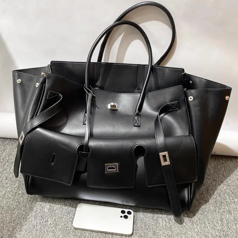 Luxury Brand Silver Buckle Fashion Genuine Leather Handbag New Large Capacity Tote Bag Designer Women's Commuter Shoulder Bag