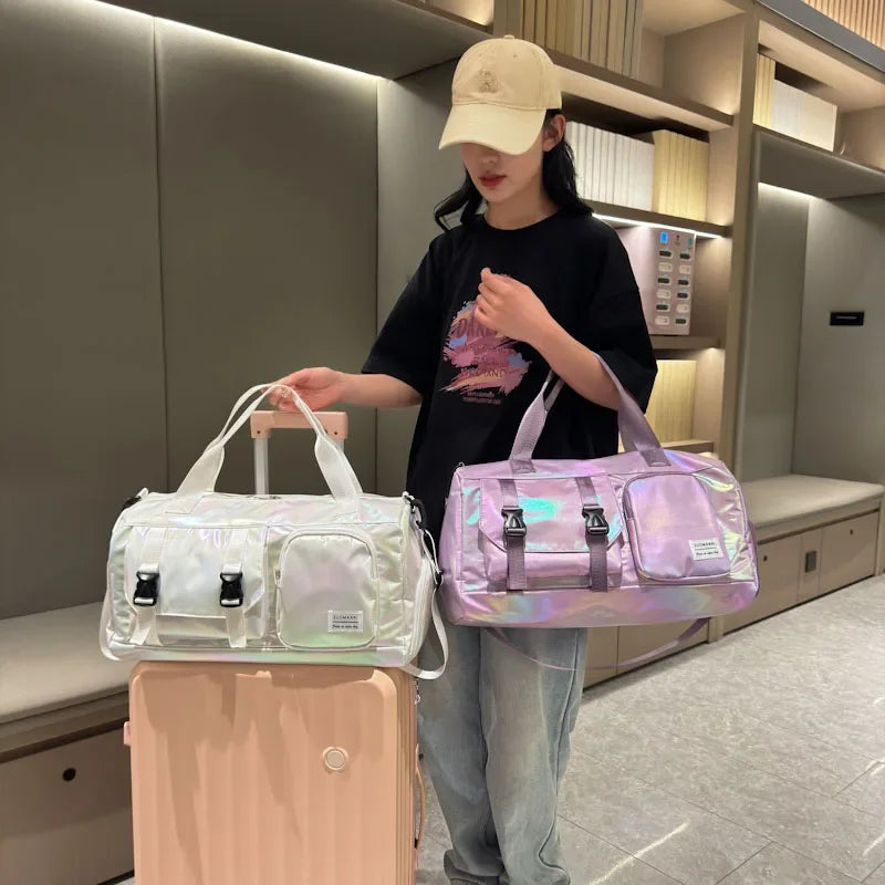 Holographic Glamour Duffel Bag - Spacious,Stylish Shoulder Tote with Shoe Compartment for Effortless Weekend Escapes -