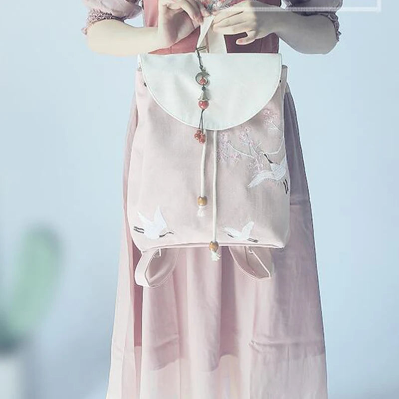 Women's Canvas Embroidered Flower Tassel Backpack Chinese Style Hanfu Casual Pendant Multi Pocket Large Capacity Girls Handbag