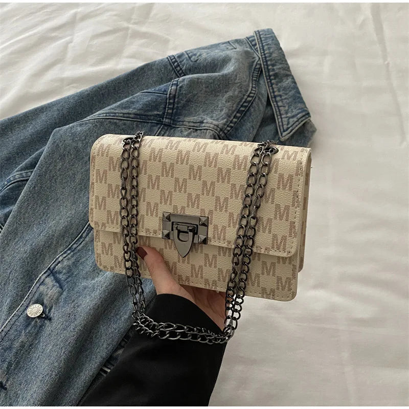 Luxury Letter Print Crossbody Shoulder Bag,Chain Buckle Compact Chic Women Sling Bag,Lady Vintage Casual Personalized Square Bag