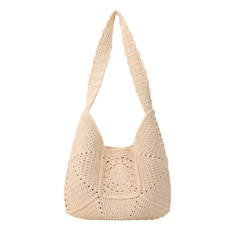 New Shoulder Bag Fashion Casual Crochet Shopping Tote For Women Solid Color Hollow Out Knitted Beach Bag Large Capacity Handbags