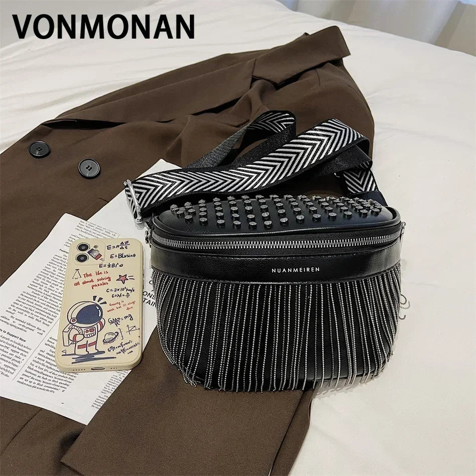 Luxury Woman Chest Bag Fashion Tassel Leather Large Capacity Crossbody Sling Bag Women Waist Bag Casual Rivet Design Travel Sac