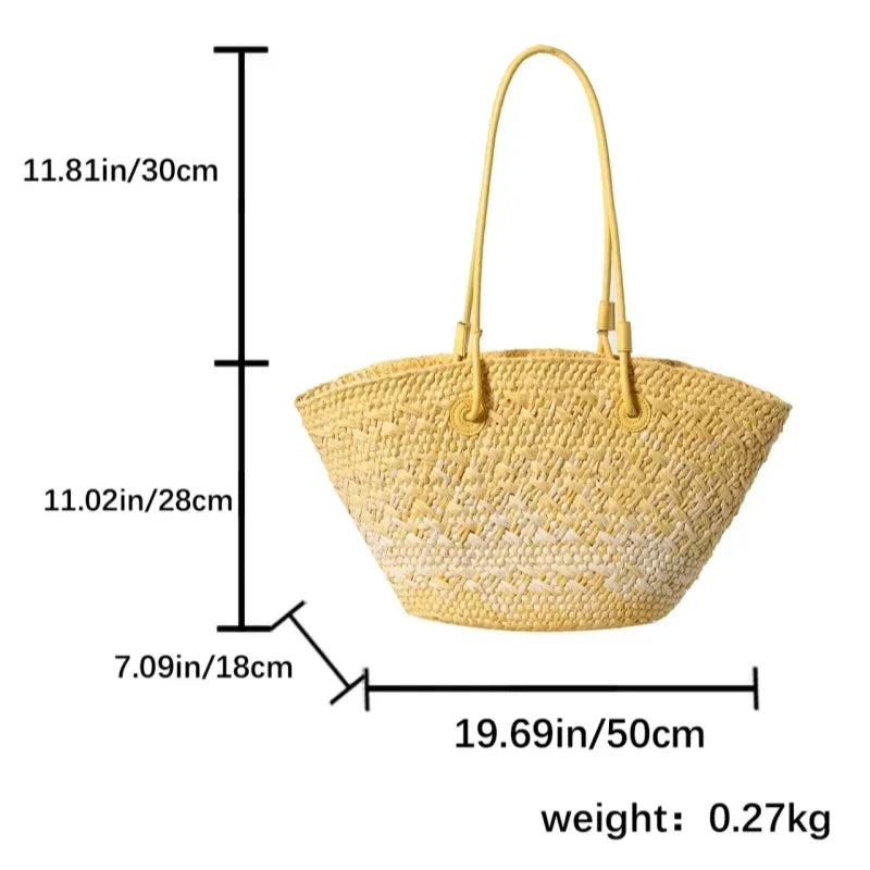 Summer Seaside Beach Bag Hand-woven Large Capacity Straw Tote Bag Gradient Color Design Women 's Travel  Vacation Shoulder Bag