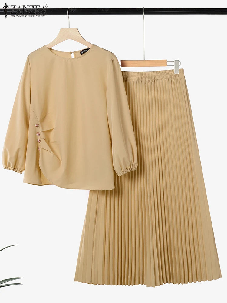 Fashion Muslim Sets Women 2PCS Outfits ZANZEA Elegant Long Sleeve Blouse Dress Suits Casual Solid Tracksuits Loose Matching Sets