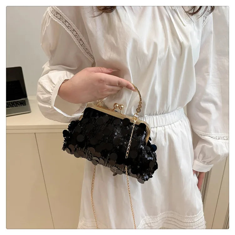 Elegant Sequined Evening Shoulder Bags for Women Solid Color Ladies Clip Chain Crossbody Bag Casual Female Shell Handbags Purse