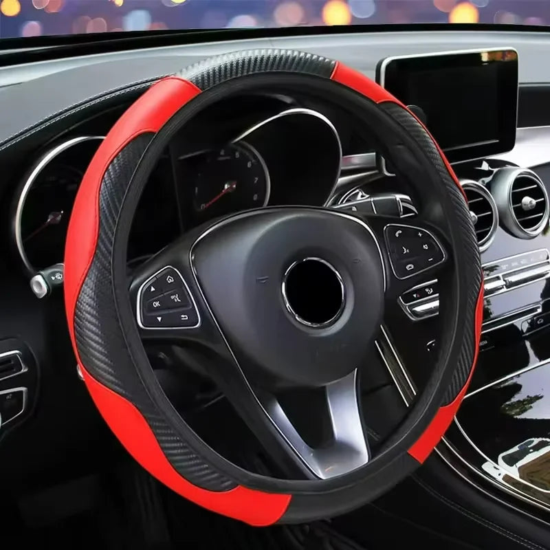 Car Steering Wheel Cover Breathable Anti Slip PU Leather Steering Covers Suitable 37-38.5cm Auto Decoration Carbon Fiber