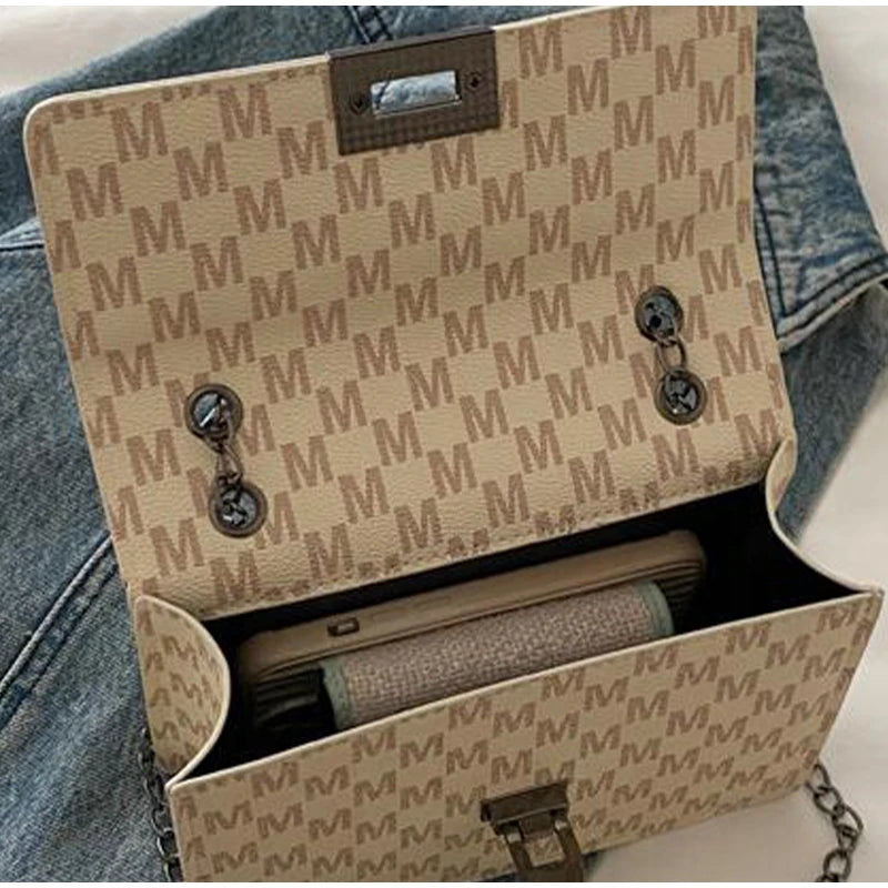 Luxury Letter Print Crossbody Shoulder Bag,Chain Buckle Compact Chic Women Sling Bag,Lady Vintage Casual Personalized Square Bag