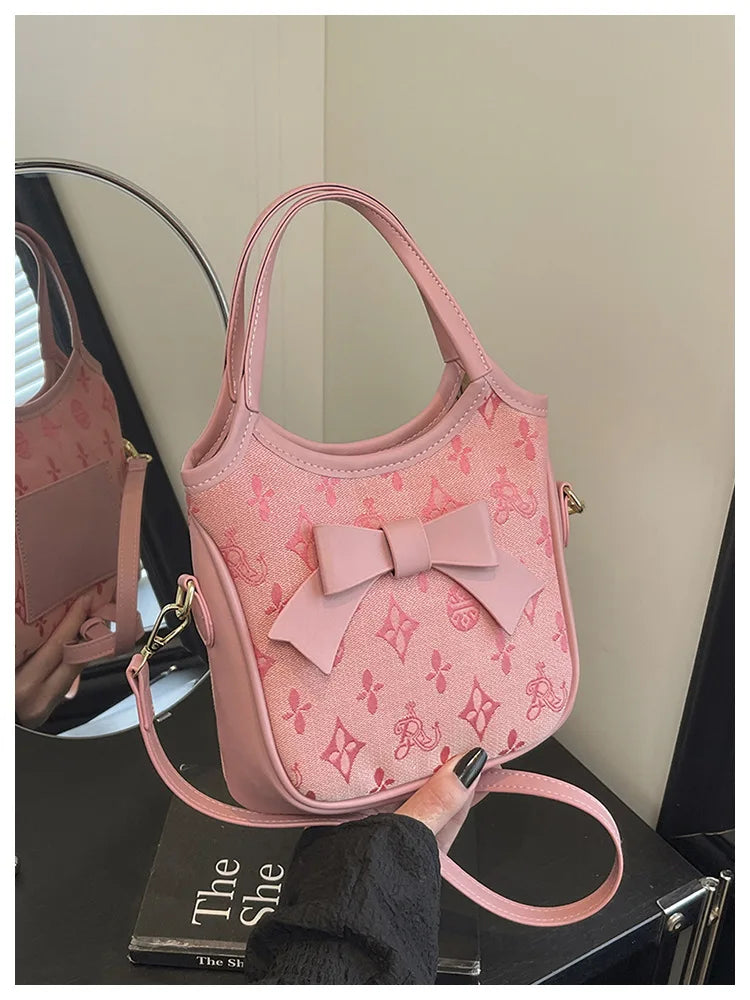 PU Hand-held Bow Bucket Bag Trendy Fashion Shoulder Bag Simple Versatile Women's Bag Commuter