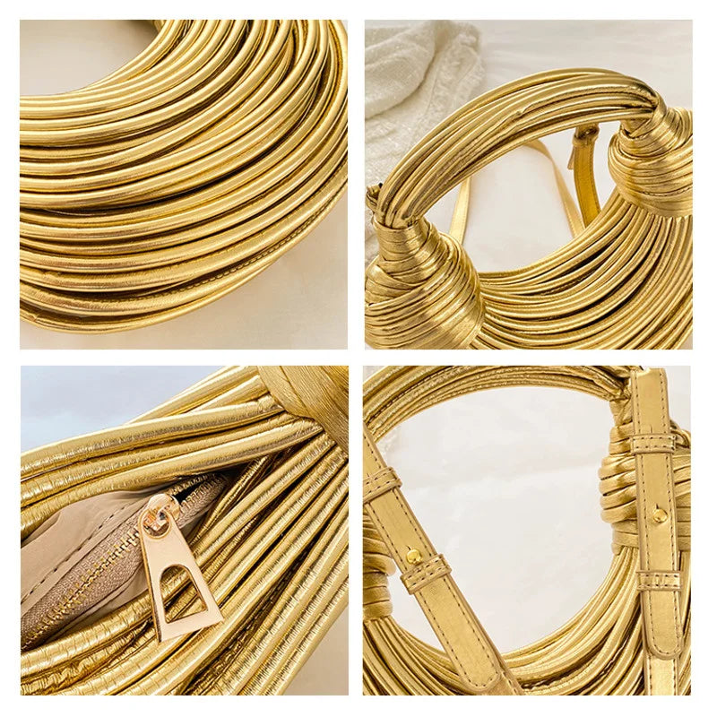 Handbags for Women 2025 New Gold Luxury Designer Brand Handwoven Noodle Bags Rope Knotted Pulled Hobo Silver Evening Clutch Chic