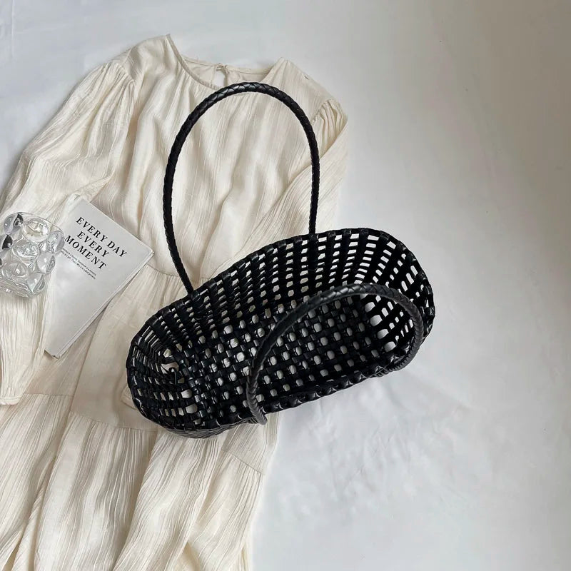 LEFTSIDE Small Solid Color Weave Tote Bags for Women 2025 Fashion Summer Shoulder Bags Simple Handbags Hollow Out Beach Bag