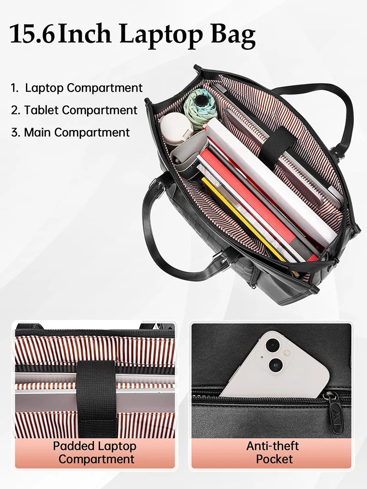 15.6" Laptop Bag with Insulated Lunch Compartment - PU Leather Briefcase for Work, School & Travel (Waterproof, Multi-Pocket)