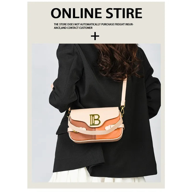 Luxury women's crossbody bag with color-blocking and stitching, box-style multi-color textured light luxury commuter bag.
