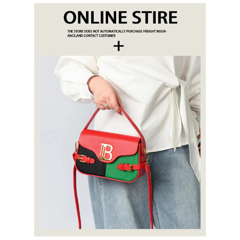 Luxury women's crossbody bag with color-blocking and stitching, box-style multi-color textured light luxury commuter bag.