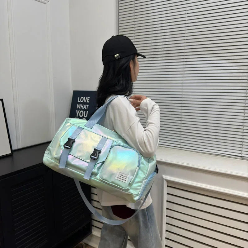 Holographic Glamour Duffel Bag - Spacious,Stylish Shoulder Tote with Shoe Compartment for Effortless Weekend Escapes -