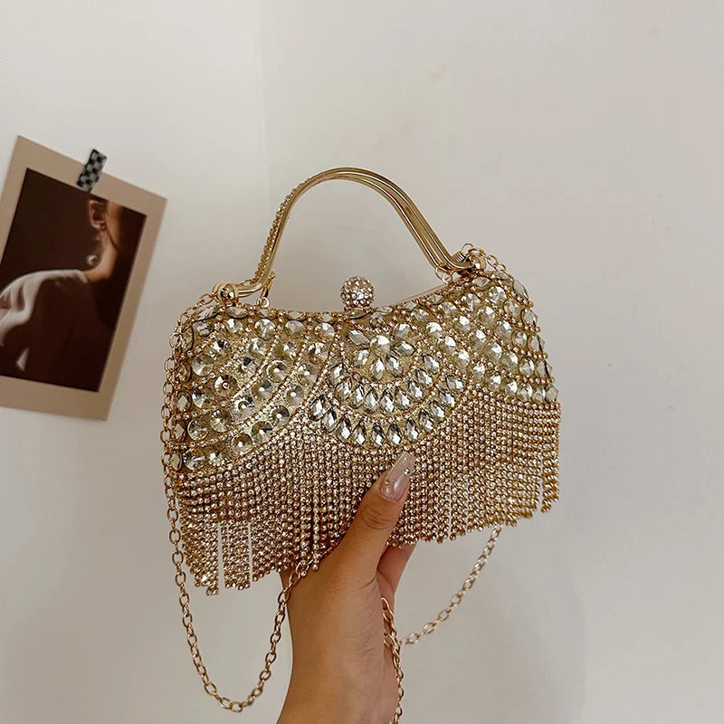 Gold Evening Clutch Bag For Women Luxury Diamond Party Purse Handbag Fashion Tassel Shoulder Crossbody Box Lipstick Bag Designer
