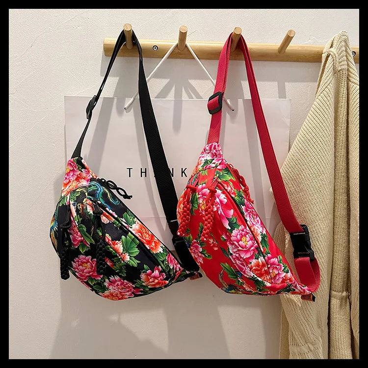 Women Fanny Bag Pack Large Flower Nylon Belt Bags Fashion Waist Pack Zipper Bag Adjustable Lightweight Multifunction Waterproof