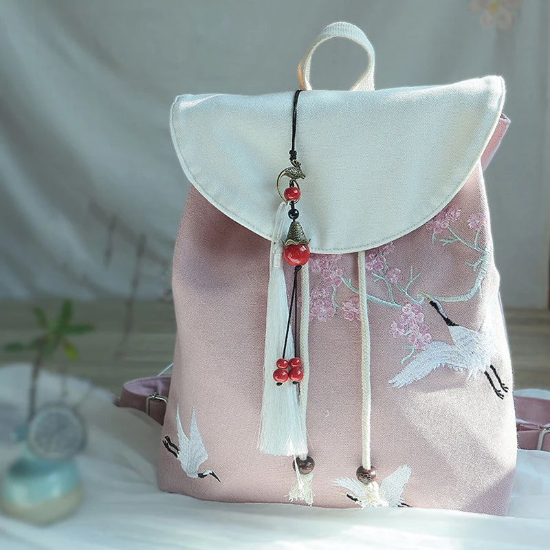 Women's Canvas Embroidered Flower Tassel Backpack Chinese Style Hanfu Casual Pendant Multi Pocket Large Capacity Girls Handbag