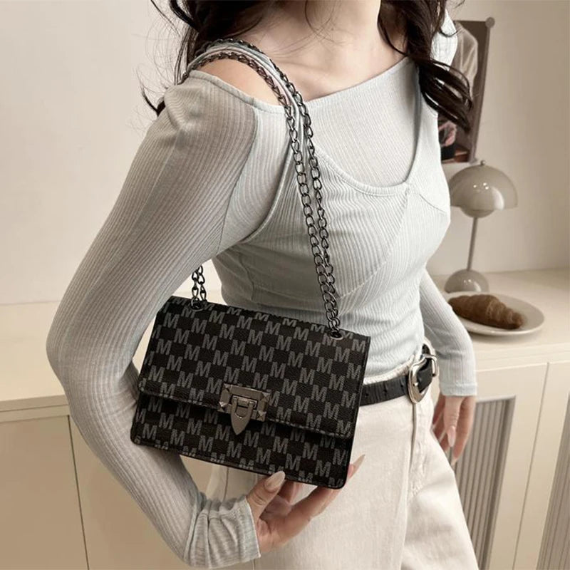 Luxury Letter Print Crossbody Shoulder Bag,Chain Buckle Compact Chic Women Sling Bag,Lady Vintage Casual Personalized Square Bag