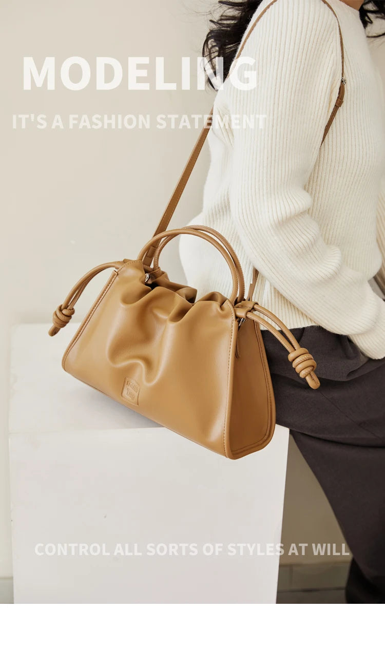 Women Fashion PU Handbags Drawstring Design Stylish Tote Bags Versatile Shoulder Bags Beige PU Leather Bags for Daily Use