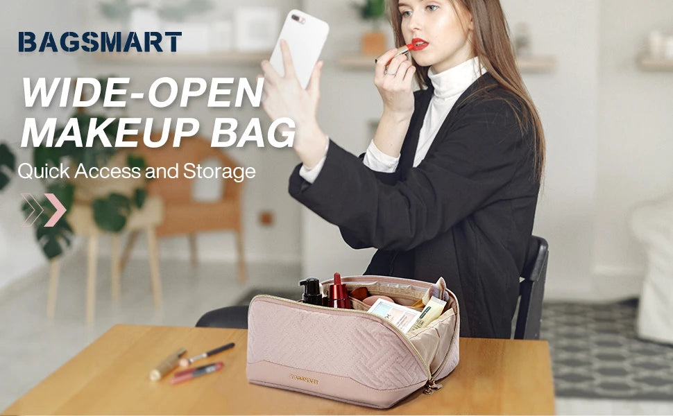 BAGSMART Women's Cosmetic Bag Large Capacity Storage Waterproof Makeup Bags Wide-open Cosmetic Pouch travel essentials