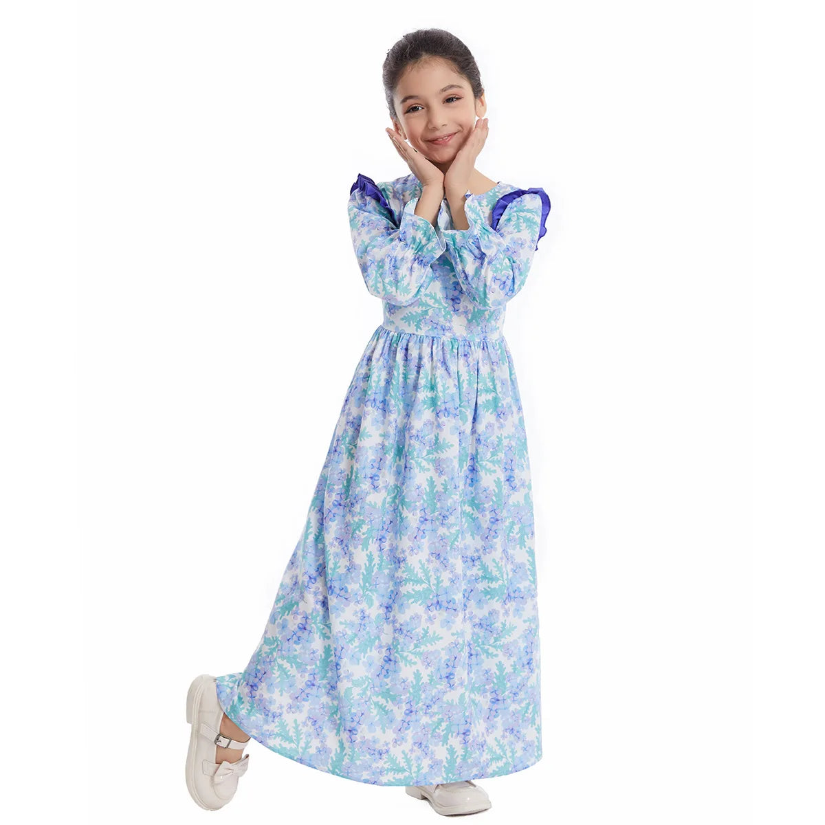 Abaya Girls Long Sleeve Dresses,Muslim Floral Dress for Kids,Conservative Outfits,Full Cover Robe Gown,Children's Beaching Dress