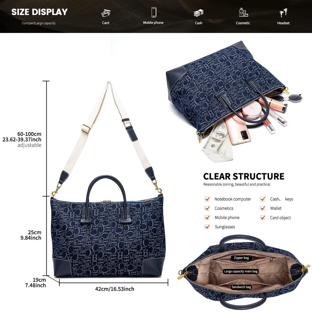 Geometric Letter Pattern Travel Totes – Sophisticated Blue Fabric  Leather Accents Metallic  for Urban Mobility Chic Versatility