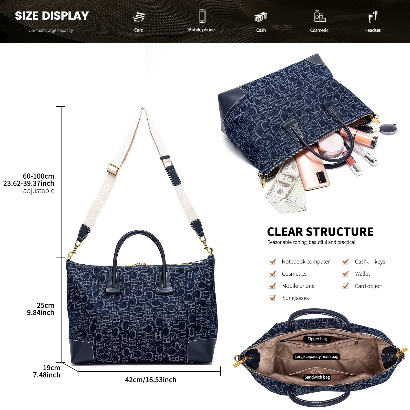 Geometric Letter Pattern Travel Totes – Sophisticated Blue Fabric  Leather Accents Metallic  for Urban Mobility Chic Versatility