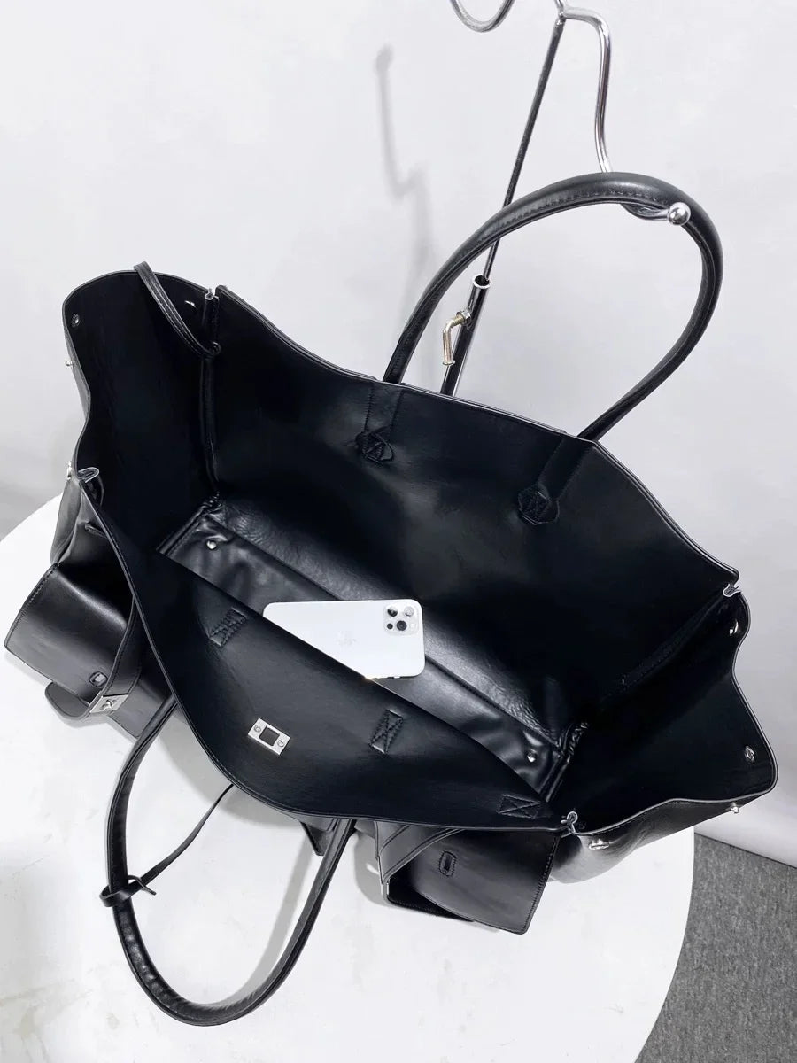 Luxury Brand Silver Buckle Fashion Genuine Leather Handbag New Large Capacity Tote Bag Designer Women's Commuter Shoulder Bag