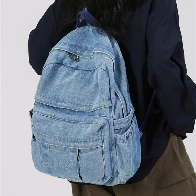 Blue Denim Backpacks For Women 100% Cotton Leisure Or Travel Bags Unisex Large Capacity Canvas Satchels Cloth Korea School Bags