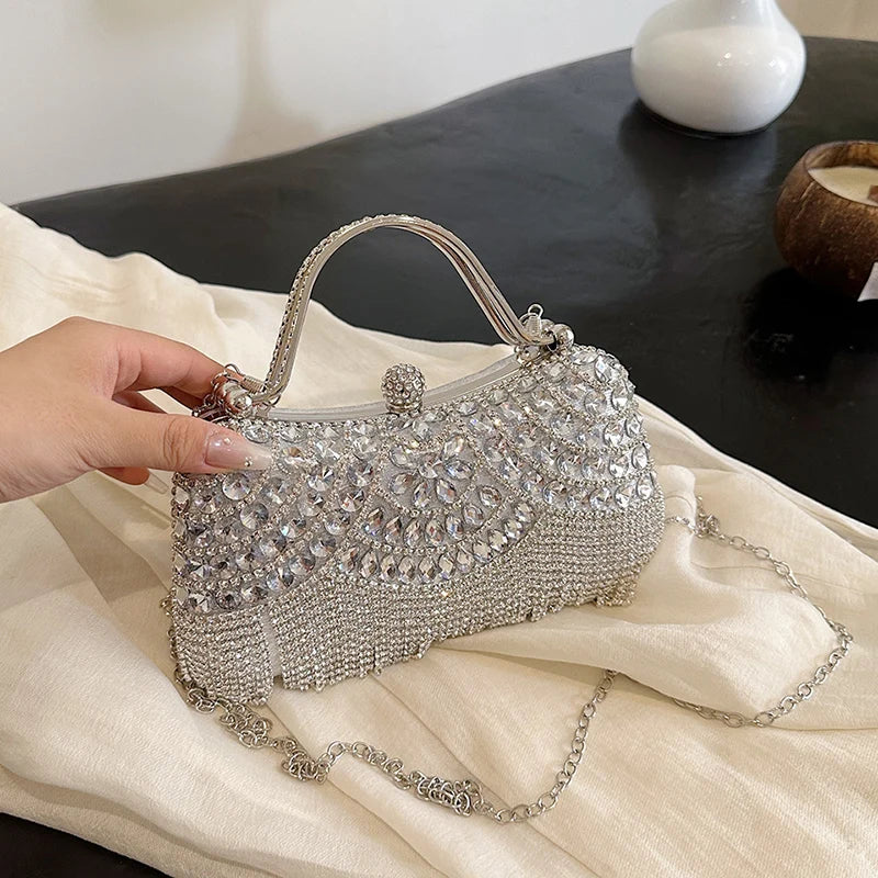 Gold Evening Clutch Bag For Women Luxury Diamond Party Purse Handbag Fashion Tassel Shoulder Crossbody Box Lipstick Bag Designer