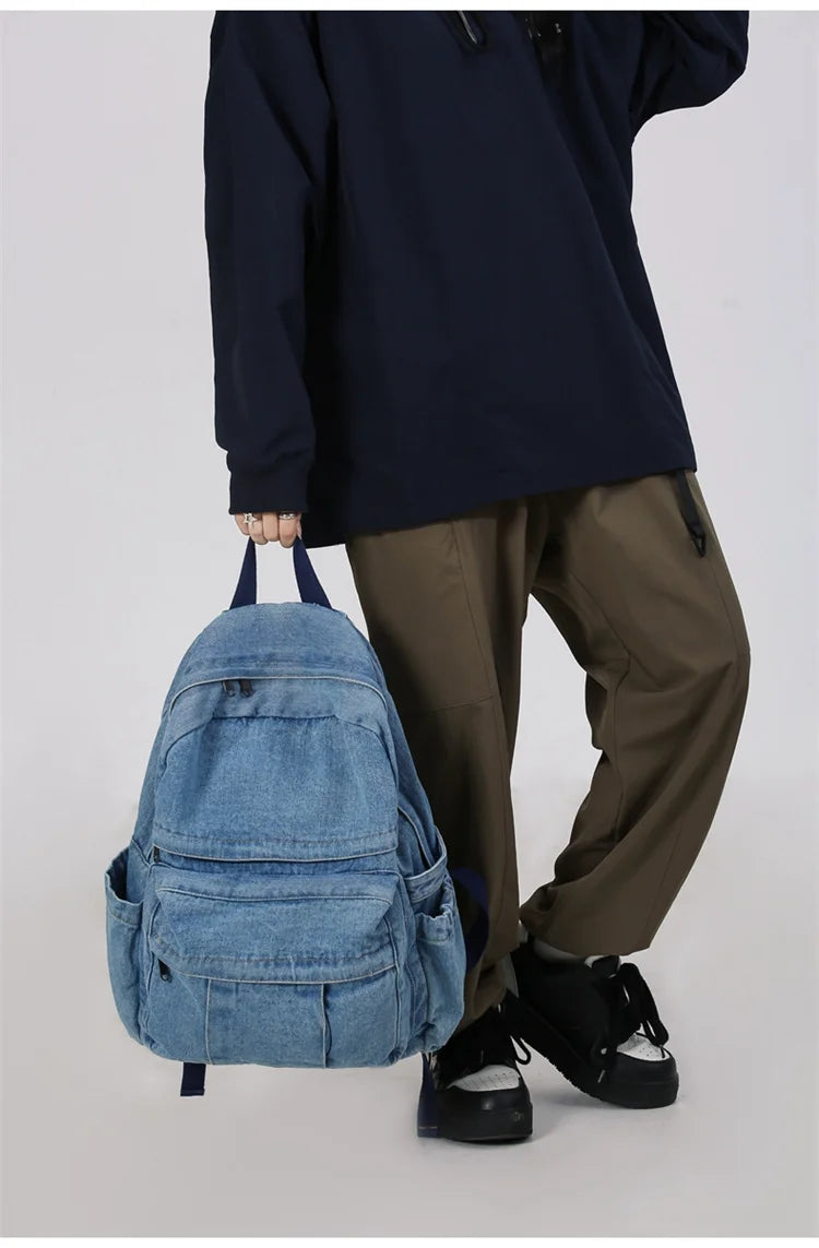 Blue Denim Backpacks For Women 100% Cotton Leisure Or Travel Bags Unisex Large Capacity Canvas Satchels Cloth Korea School Bags