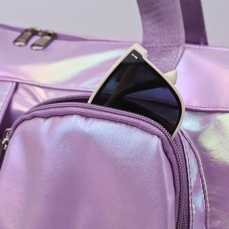 Holographic Glamour Duffel Bag - Spacious,Stylish Shoulder Tote with Shoe Compartment for Effortless Weekend Escapes -