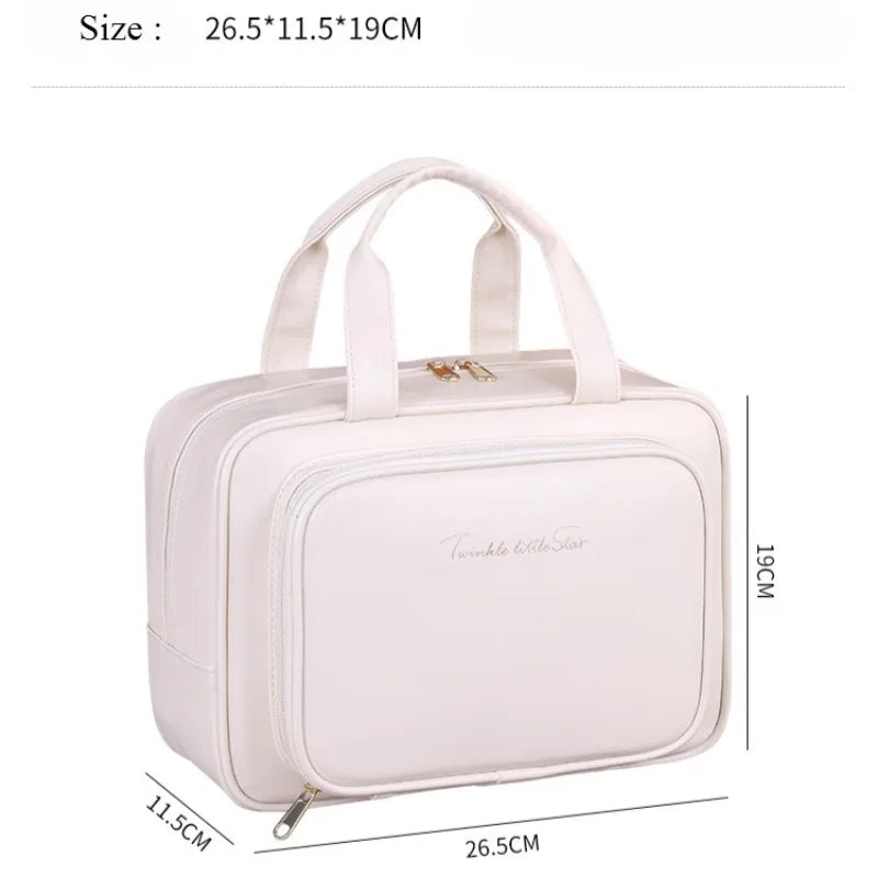 Large Capacity Makeup Bag for Women – Portable Cosmetic Organizer with Brush Holder & Carry Handle, Travel-Friendly Makeup Case