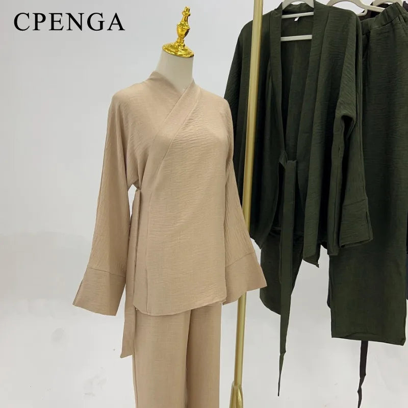 2 Piece Dubai Muslim Women Clothing Elegant Middle East Modest Top and Pants Sets 2024 Islamic Turkish Clothes Solid Outfits