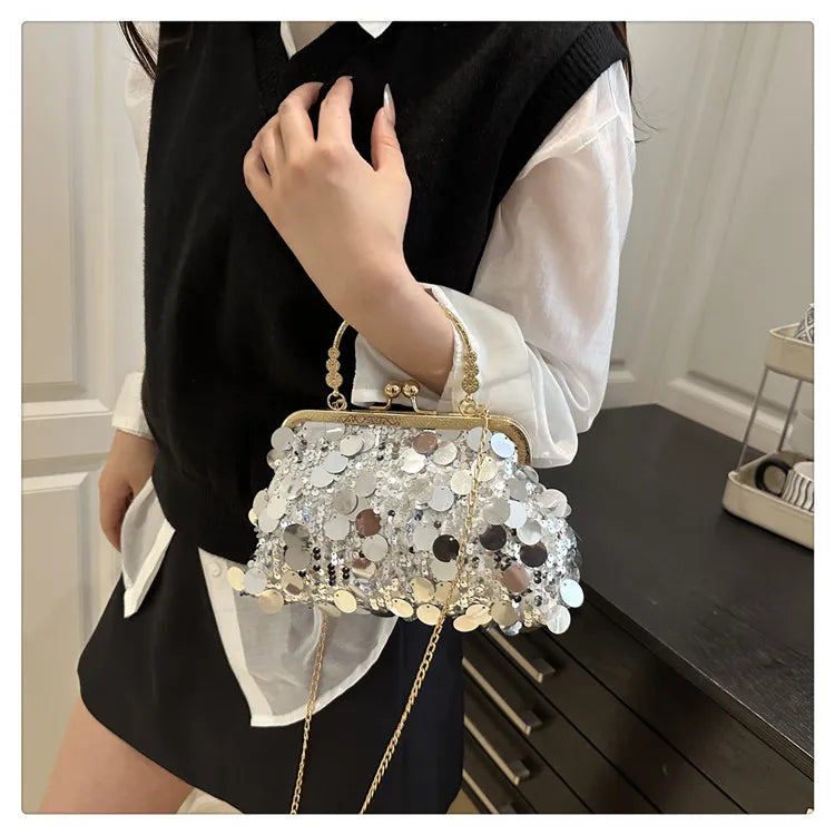 Elegant Sequined Evening Shoulder Bags for Women Solid Color Ladies Clip Chain Crossbody Bag Casual Female Shell Handbags Purse