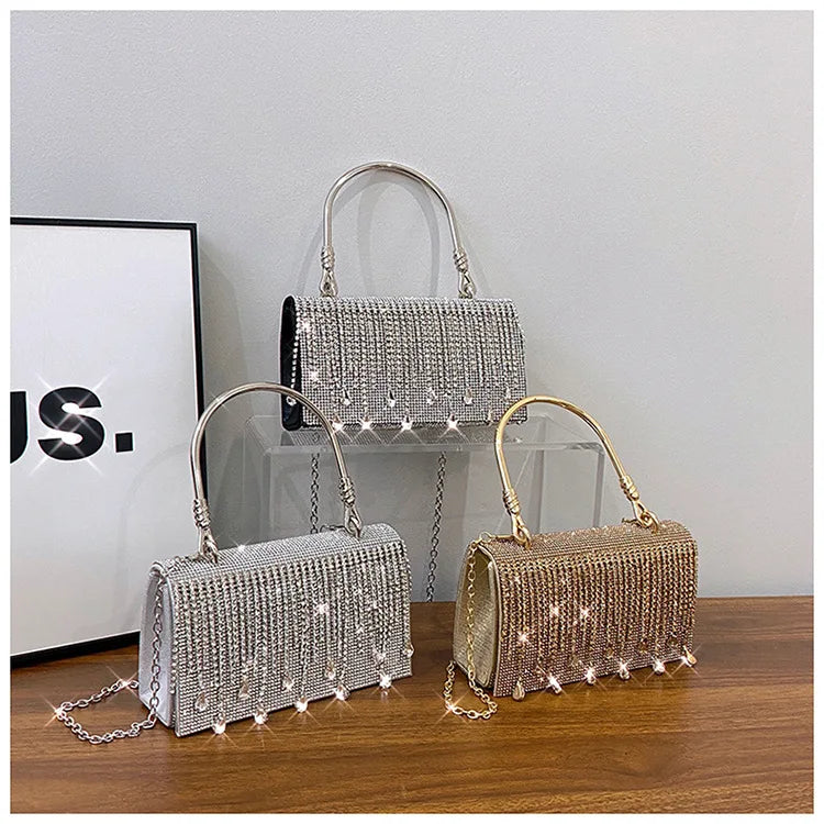 Luxury Golden Shoulder Bag 2025 New for Women, Elegant Rhinestone Clutch Purse, Versatile Crossbody Bag with Adjustable Chain