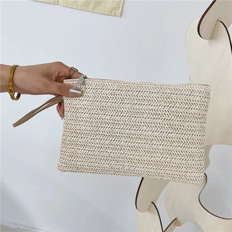 Women Clutch Bag Handmade Backpack Fashion Ladies Wristlet Girl Phone Solid Straw Woven Coin Purse Beach Wallet Fresh Sweet