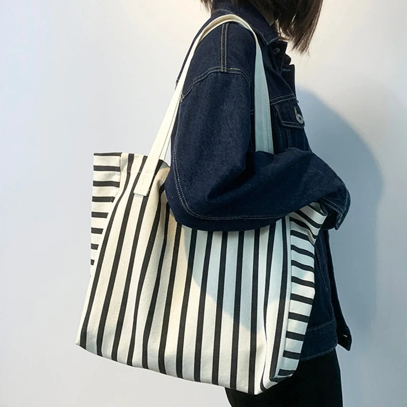 New Beach Tote Bag Fashion Women Canvas Summer Large Capacity Striped Shoulder Bag Tote Handbag Shopping Shoulder Bags ﻿
